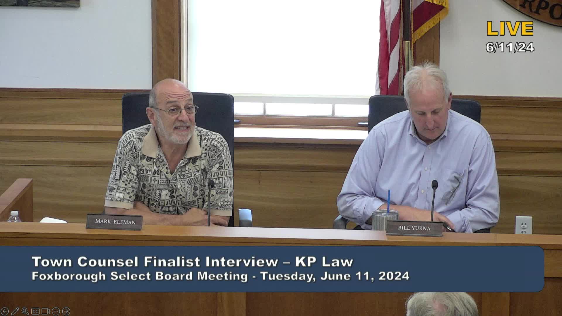 Thumbnail image for Select Board Meeting Town Counsel Finalist Interview: KP Law - June 11, 2024